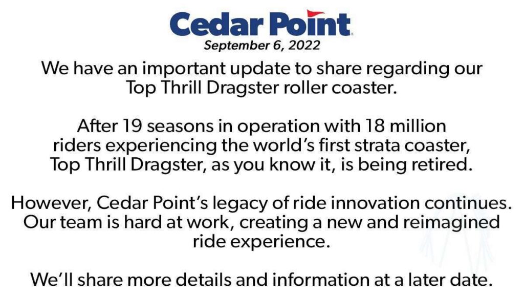 Cedar Point gibt Schließung von Top Thrill Dragster bekannt