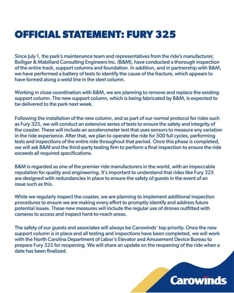 Aktuelles Statement von Carowinds zu Fury 325!