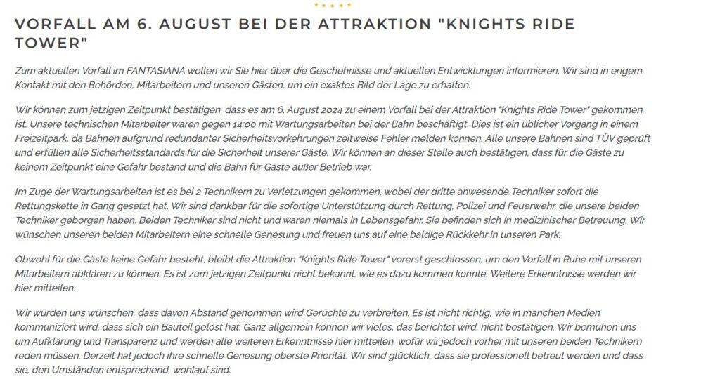 Fantasiana Strasswalchen: Arbeitsunfall bei "Knights Ride Tower"
