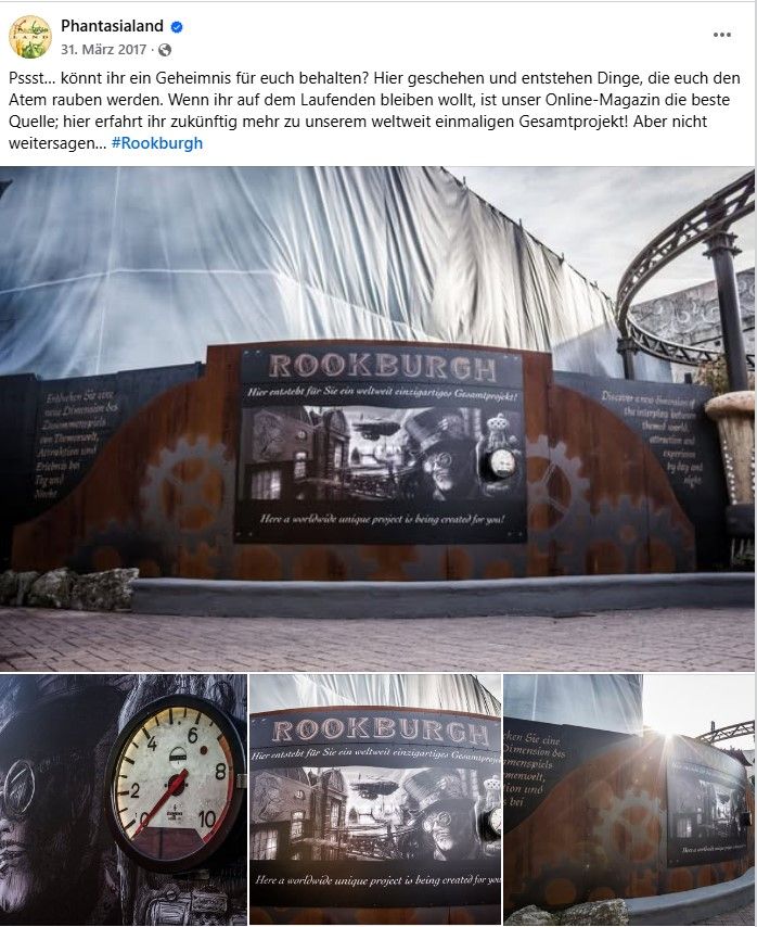 Ende März 2017 zeigt das Phantasialand die neuen Motive am Bauzaun – mit dem Namen Rookburgh – Bauzaun mit Rookburgh-Motiven im Phantasialand (31.03.2017)